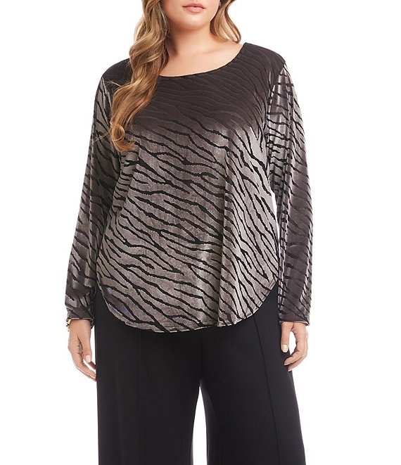 Karen Kane Plus Size Velvet Burnout Abstract Zebra Scoop Neck Long Sleeve Shirttail Hem Top, Zebra - Image 1