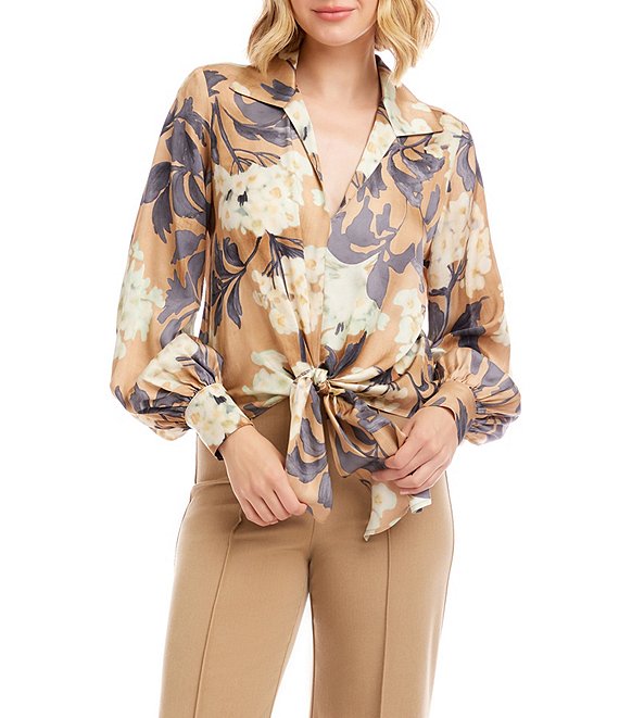 Karen Kane Satin Hydrangea Print Long Blouson Sleeve Tie-Front Top, Print - Image 1