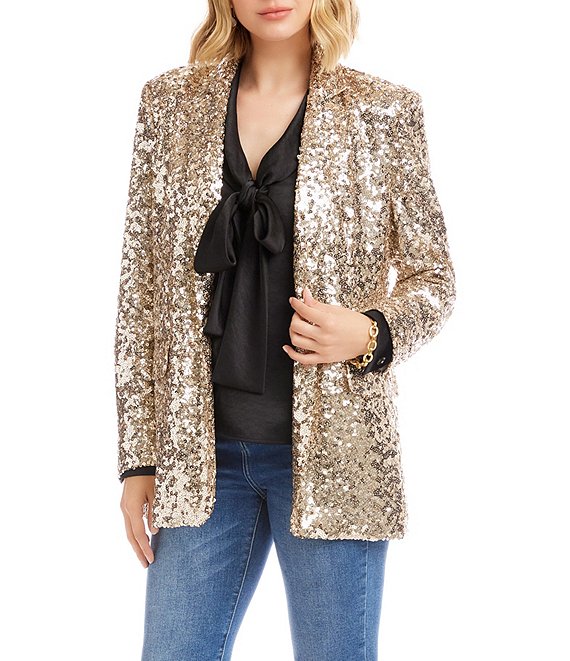 Karen Kane Sequin Notch Collar Long Sleeve Snap Front Blazer, Champagne - Image 1