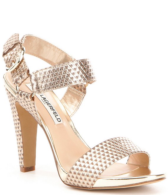 KARL LAGERFELD PARIS Cieone Metallic Leather Ankle Strap Dress Sandals