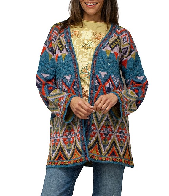 Karyn Seo Wool Blend Benita Bohemian Abstract Geometric Long Sleeve Open Front Cardigan, Multicolor - Image 1