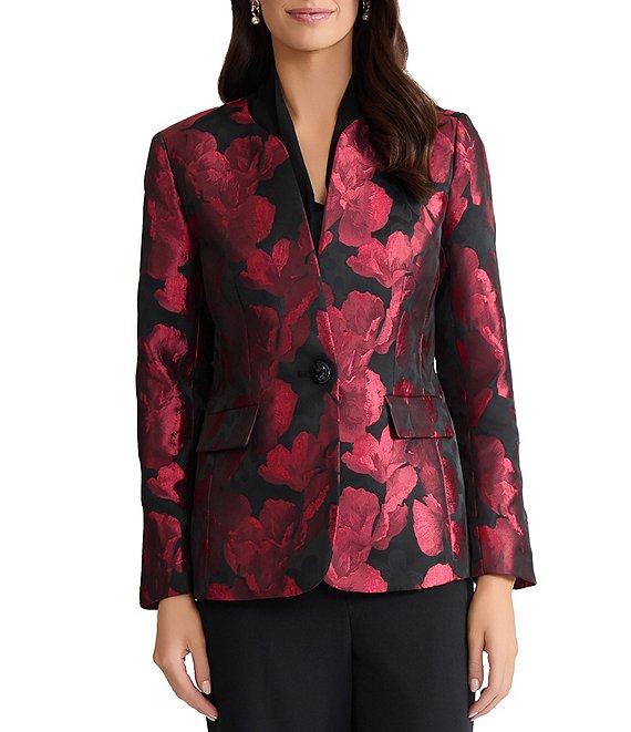 Kasper Floral Jacquard One Button Collarless Jacket, Fire Red/Black - Image 1