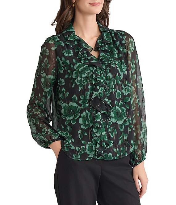 Kasper Floral Print Chiffon Long Sleeve Ruffle Front Blouse, Black Multi - Image 1