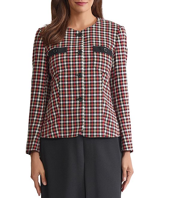Kasper Four Button Plaid Twill Crepe Blazer Jacket, Black/Fire Red Multi - Image 1