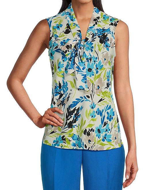 Kasper Petite Printed Tie Front Sleeveless Blouse, Lily White/Light Azure Multi - Image 1