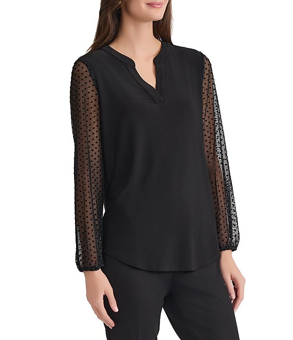 Kasper Petite Size Split V Neck Long Sleeve Top, Black - Image 1