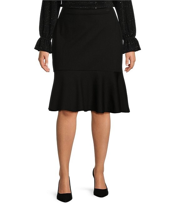 Kasper Plus Size Compression Pull-On Flounce Skirt, Black - Image 1