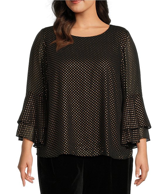 Kasper Plus Size Polka Dot Crew Neck Tiered 3/4 Flutter Sleeve Top, Black/Gold - Image 1