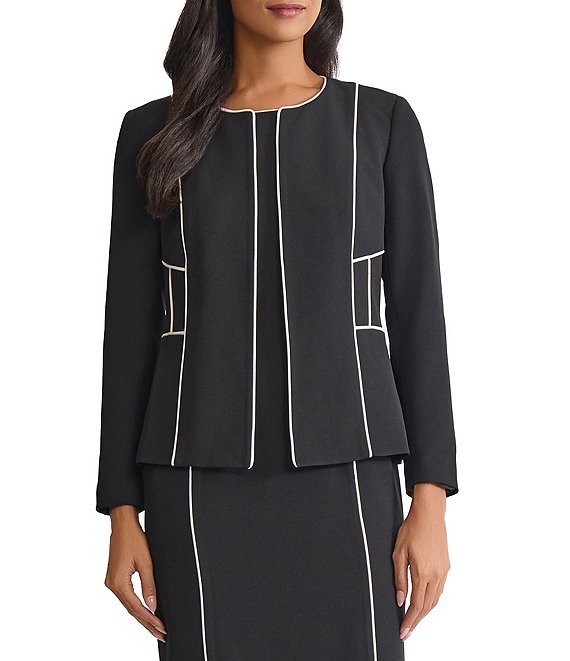 Kasper Round Neck Open Front Corded Contrast Piping Cardigan Blazer, Black/Vanilla Ice - Image 1