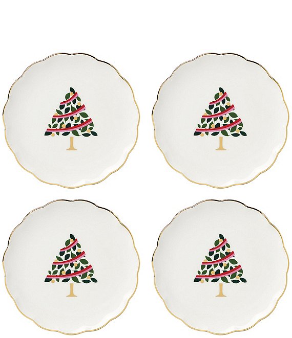 kate spade new york Evergreen Collection Scalloped Holly Leaf Decal Tidbit Plates, Set of 4