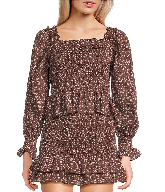 KatieJNYC Mikaela Long Sleeve Square Neck Smocked Coordinating Top, Brown - Image 1