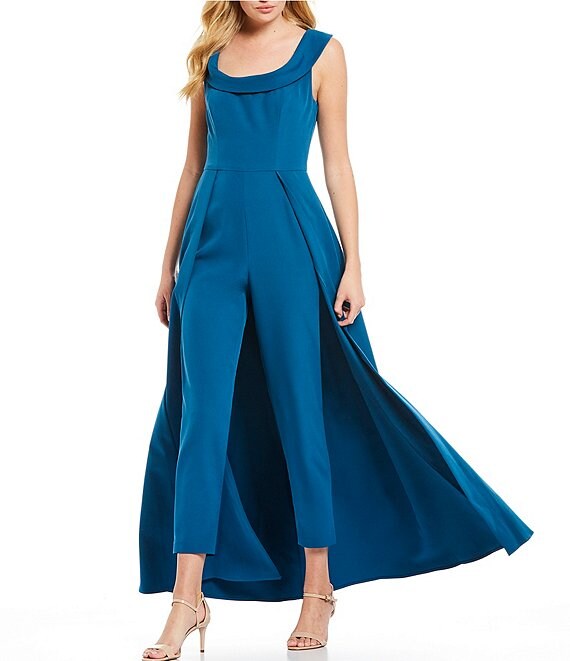 Kay Unger Stretch Crepe Sleeveless Walk Thru Pant And Overlay Skirt Jumpsuit