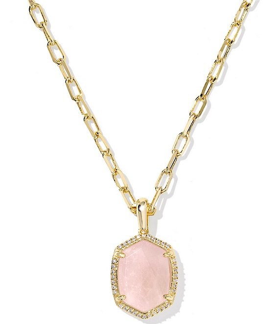 Kendra Scott Daphne Pave Frame Quartz Short Pendant Necklace, Gold Rose Quartz - Image 1