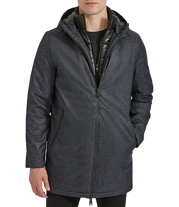 Kenneth Cole New York Water Resistant Coat with Quilted Bib, Grey Plaid - Image 1