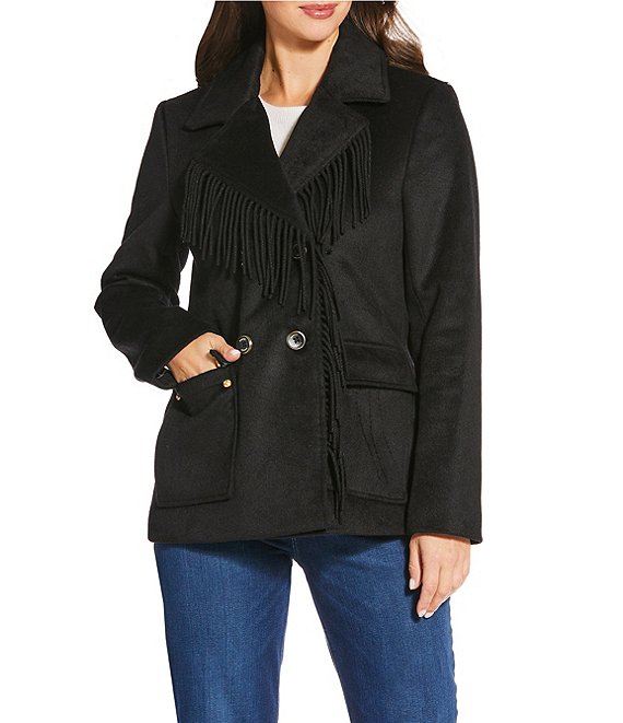 Kensie Wool Blend Notch Collar Fringe Button Front Peacoat, Black - Image 1