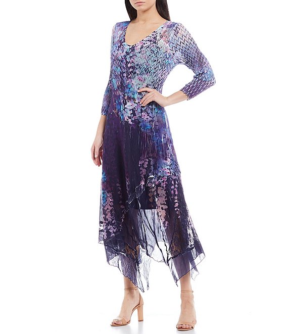 Color:Brilliant Vince - Image 1 - Mixed Print 3/4 Sleeve V-Neck Asymmetric Hem Midi Dress