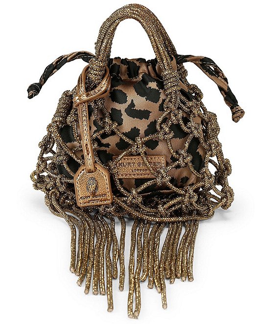 Kurt Geiger London Mini Fringe Leopard Macrame Crystal Clutch, Brown - Image 1