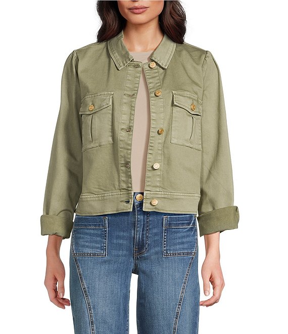 KUT from the Kloth Jocelyn Stretch Denim Point Collar Long Sleeve Trucker Jacket, Sage Green - Image 1