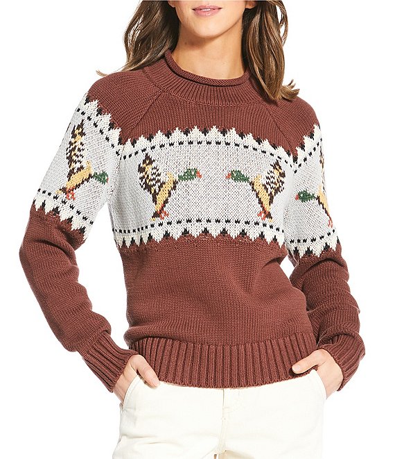 L.L.Bean Signature Original Heritage Rollneck Raglan Long Sleeve Pullover Novelty Sweater, Currant Mallard Fair Isle - Image 1