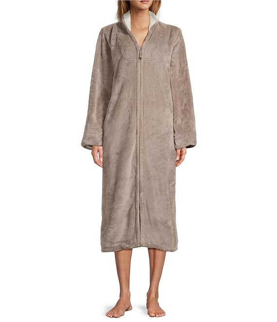L.L.Bean Wicked Plush Fleece Long Sleeve Stand Collar Zip-Front Long Robe, Ledge - Image 1