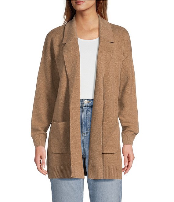 L.L.Bean Wicked Soft Cotton Cashmere Blend Shawl Collar Open Front Coatigan, Camel Brown Heather - Image 1
