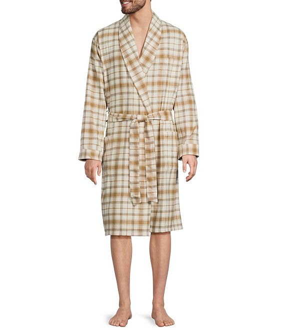 L.L.Bean Window Plaid Flannel Robe, Bean of Freeport Natural - Image 1