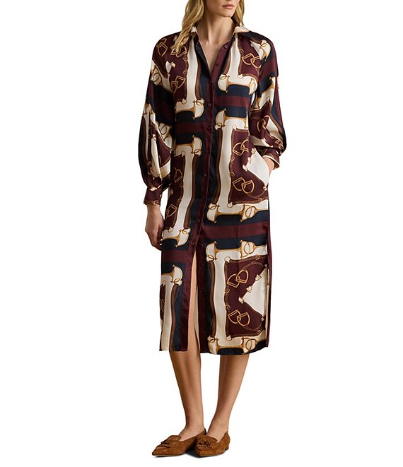Lauren Ralph Lauren Luxe Twill Equestrian Inspired Print Point Collar Long Sleeve Button Front Midi Shirtdress, Navy/Cream Multi - Image 1