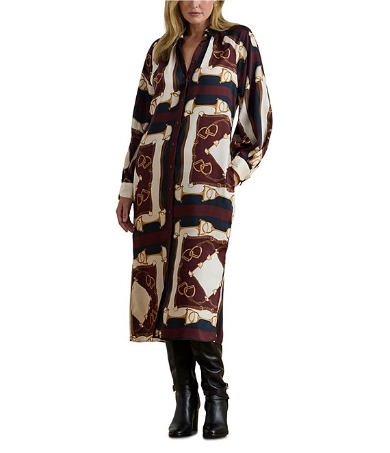 Lauren Ralph Lauren Plus Size Luxe Twill Equestrian-Inspired Print Point Collar Long Sleeve Button Front Midi Shirtdress, Navy/Cream Multi - Image 1