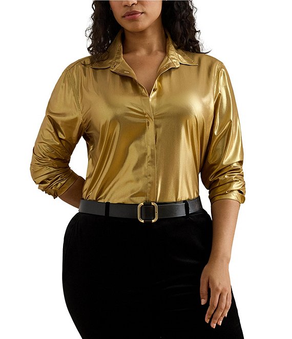 Lauren Ralph Lauren Plus Size Metallic Chiffon Point Collar Long Sleeve Button-Front Shirt, Relic Gold/Gold Foil - Image 1