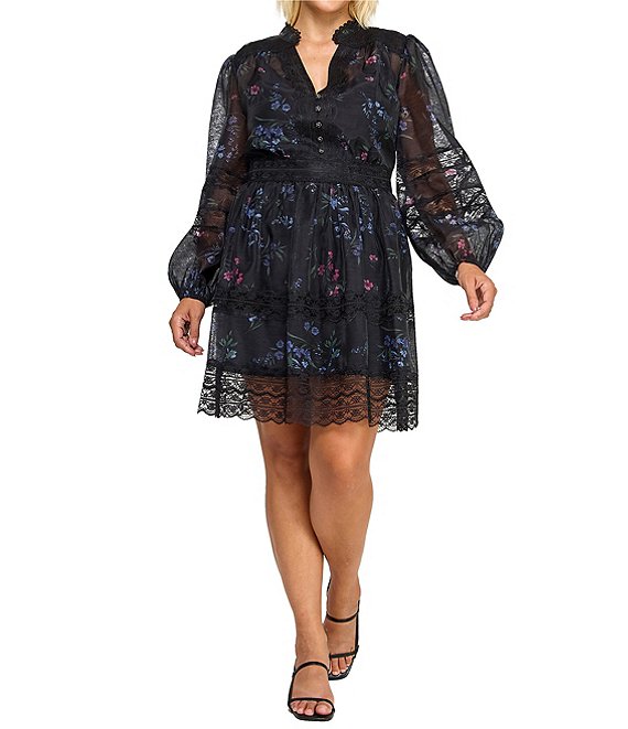 Layered With Love Plus Size Floral Print Faille Long Sleeve Lace Trim Mini Dress, Black Floral - Image 1