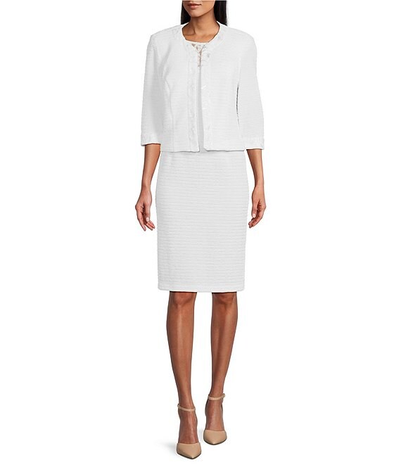 Color:White - Image 1 - 3/4 Sleeve Embroidered Mesh Trim Textured 2-Piece Jacket Dress