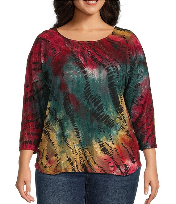 Leo & Nicole Plus Size Jacquard Multi Color Print Crew Neck 3/4 Dolman Sleeve Top, Swagger - Image 1