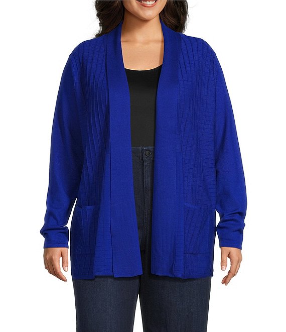 Leo & Nicole Plus Size Shawl Collar Long Sleeve Open-Front Sweater Cardigan, Blue Infinity - Image 1