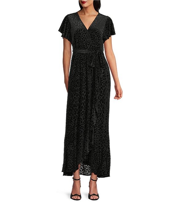 Leslie Fay Burnout Short Flutter Sleeve Ruffle Faux Wrap Dress, Black - Image 1