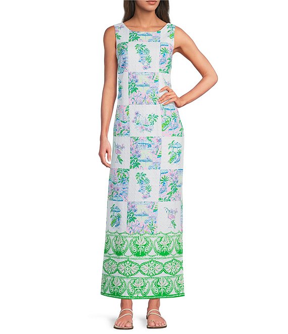 Lilly Pulitzer Dee Stretch Sunny Dee Patch Print Round Neck Sleeveless Shift Maxi Dress, Multi Sunny Dee Patch - Image 1