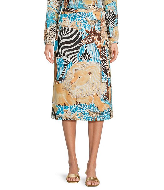 Lilly Pulitzer Dustin Coordinating Stretch Poplin Lilys Zoo Print Wrap Midi Skirt, Breezy Aqua - Image 1