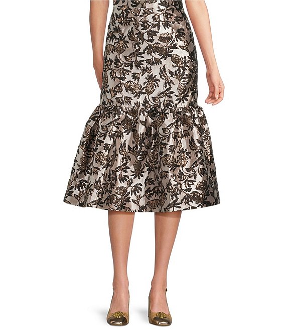 Lilly Pulitzer Noir Pineapple Coordinating Metallic Jacquard High-Rise Fit And Flare Midi Skirt, Noir - Image 1