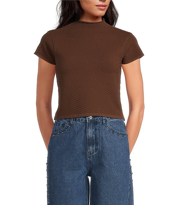 Line and Dot Grove Mock Neck Short Sleeve Textured Knit Top, Brown - Image 1