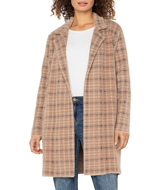 Liverpool Los Angeles Jacquard Plaid Print Notch Collar Long Sleeve Open Front Jacket, Camel Cream Plaid - Image 1
