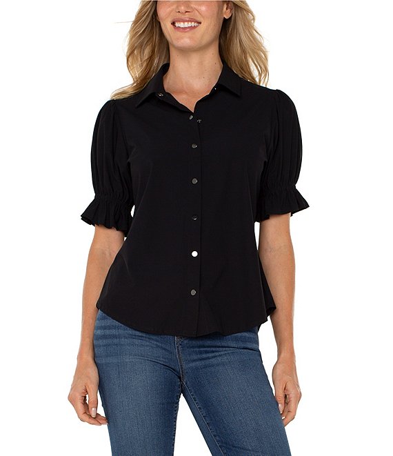 Liverpool Los Angeles Tech Knit Spread Collar Elbow-Length Puff Sleeve Button-Front Shirt, Black - Image 1