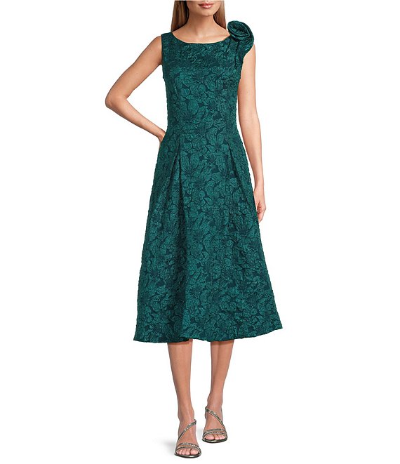 Le Bos Livia Jolie by Le Bos Cloque Sleeveless Rosette Shoulder Midi Gown, Teal - Image 1