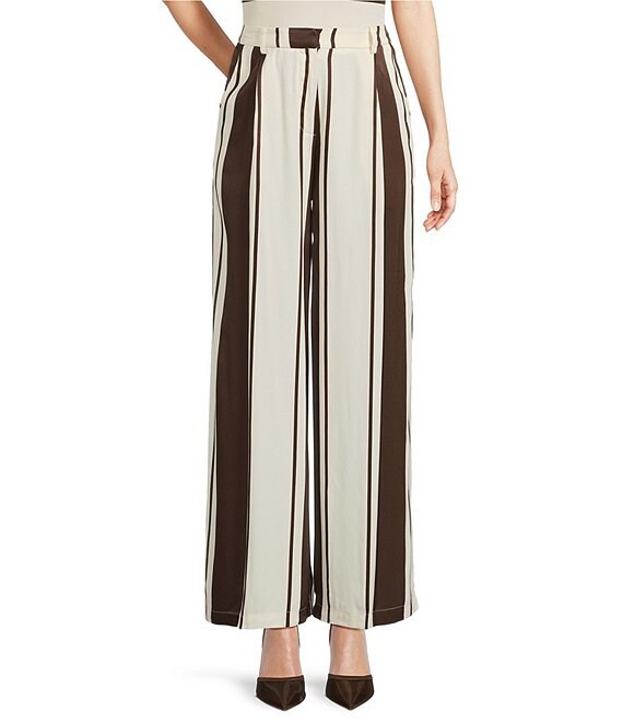Lucy Paris Coordinating Maisy Stripe Printed Wide Leg Pants, Brown Cream - Image 1