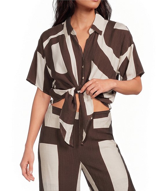 Lucy Paris Petite Size Rue Printed Collared Short Sleeve Coordinating Button Front Tie Top