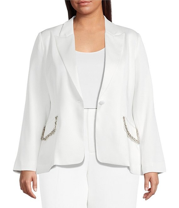 Lucy Paris Plus Size Crustal Satin Notch Collar Long Sleeve One Button Blazer, White - Image 1