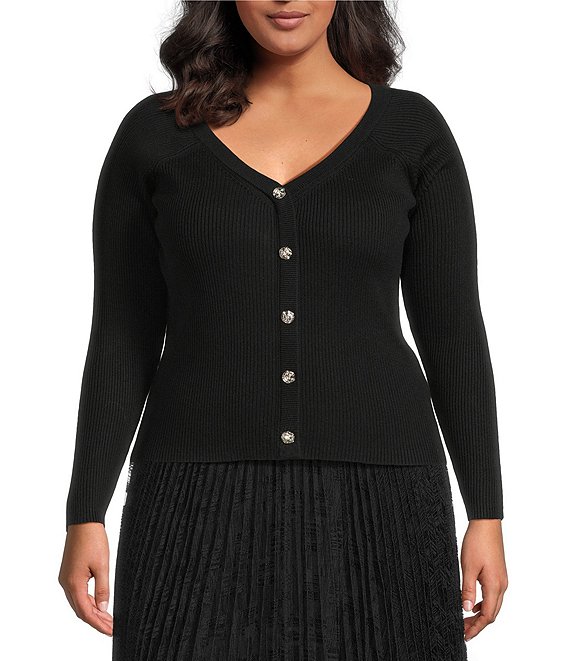 Lucy Paris Plus Size Knit Scout V-Neck Long Sleeves Button Front Cardigan, Black - Image 1