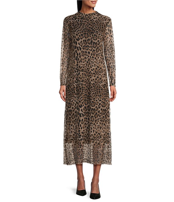 M Made in Italy Leopard Mesh Mock Neck Long Sleeve A-Line Maxi Dress, Leopard - Image 1