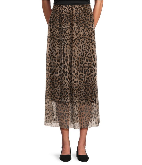 M Made in Italy Leopard Mesh Pull On A-Line Midi Skirt, Leopard - Image 1