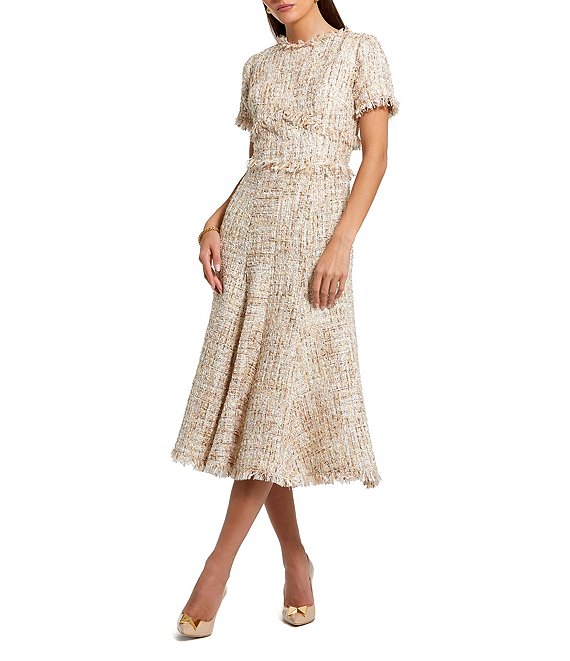 Mac Duggal Boucle Tweed Short Sleeve A-Line Midi Dress, Blush - Image 1