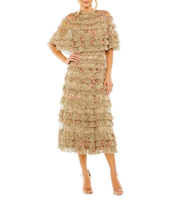 Mac Duggal Capelet Floral Print Micro Ruffle Midi Dress, Olive - Image 1