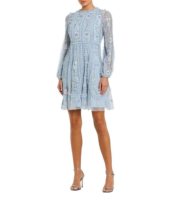 Mac Duggal Chiffon Floral Mesh Long Puff Sleeve Mock Neck A-Line Dress, Powder Blue - Image 1